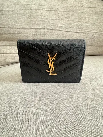 YSL Black Chevron Leather Small Wallet - Gold Logo