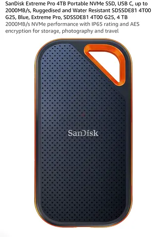 SanDisk Extreme Pro 4TB Portable NVMe SSD (USB-C) - Rugged, IP65, AES (2000)