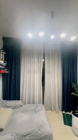 Navy Blue & Light Grey Layered Curtains - Good Condition