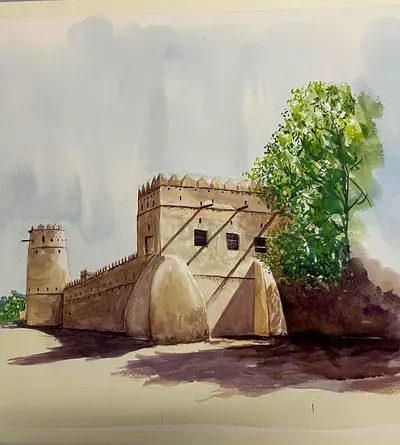 Original Watercolor Painting of Traditional Fort Landscape