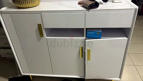 URGENT SALE White Modern Sideboard Cabinet with Marble Top and Brass Handles