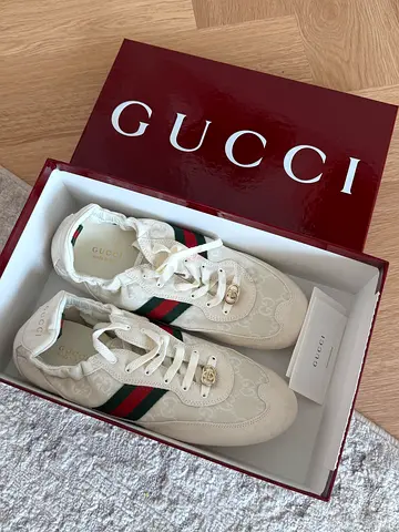 Gucci – GG Web Sneakers, White/Ivory GG Canvas & Suede with Green & Red Web Stripe, Size EU 40, NEW