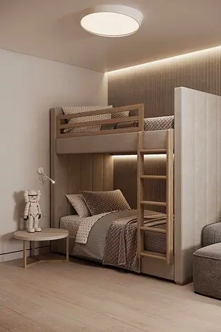 Modern wooden bunk bed with side ladder