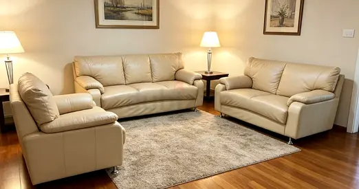 Beige Leather 3-Piece Sofa Set - Good Condition