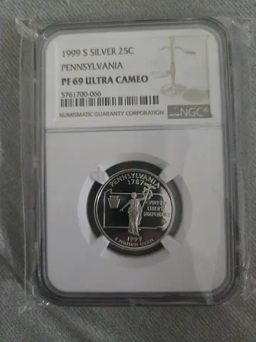 1999 Pennsylvania Silver 25C State Quarter - NGC PF69 Ultra Cameo (Graded)