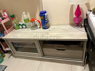 Modern Grey Oak Finish Low Cabinet with Drawer and Glass Door