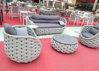 Outdoor woven sofa set - 3-seater with 2 armchairs and coffee table (grey)