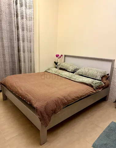 Pan Emirates -Queen size bed frame with headboard, two side tables, dresser with mirror - light grey