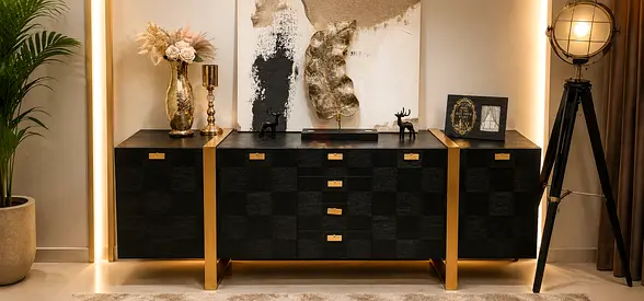 Modern Black and Gold Sideboard / Buffet Cabinet - 4 Doors, 3 Drawers