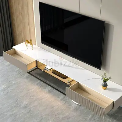 Modern Wall-Mounted TV Console with Marble Top and Drawers