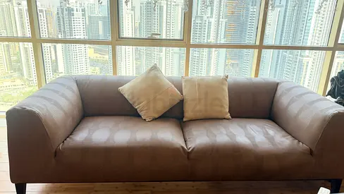 4 seater beige pvc good quality sofa in good condition. Huge spacious