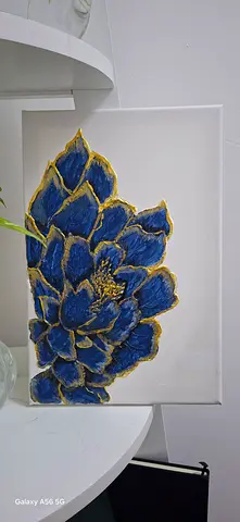 Hand-painted Blue Floral Canvas Artwork with Gold Accents