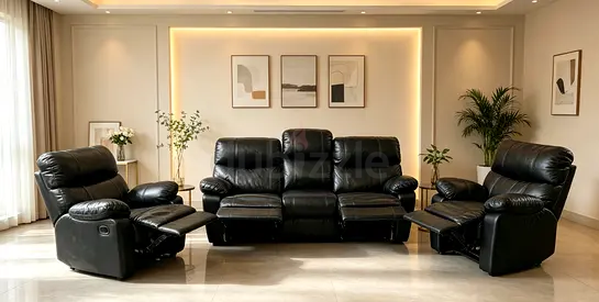 Black Leather 3-Seater Recliner Sofa with 2 Matching Recliner Chairs - Excellent Condition