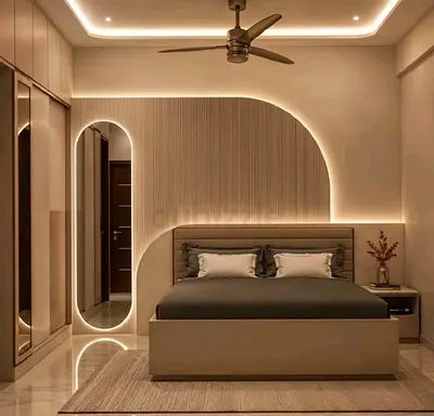 Modern king bed with integrated headboard and bedside tables (ready to use)