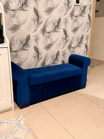 Blue Velvet Storage Bench with Rolled Arms - Good Condition, with storage