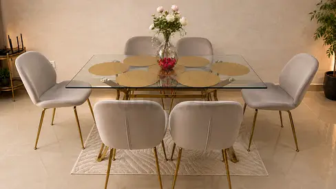 Glass Top Dining Table with 6 Velvet Chairs - Elegant Gold Frame