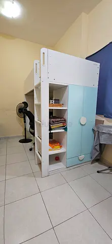 Children's loft bed with wardrobe and desk - white & blue with FREE office chair - good condition