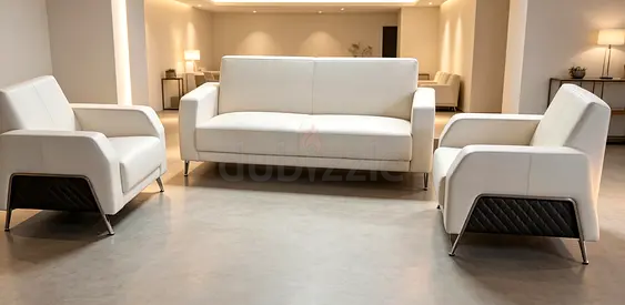 Modern White Leather 3-Seater Sofa with Two Matching Armchairs