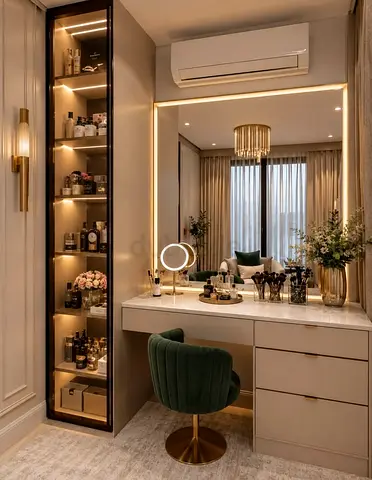 Built-in Vanity Dressing Table with Lighted Display Cabinet