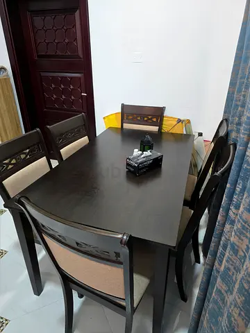 Wooden Dining Table with 6 Upholstered Chairs - Dark Finish