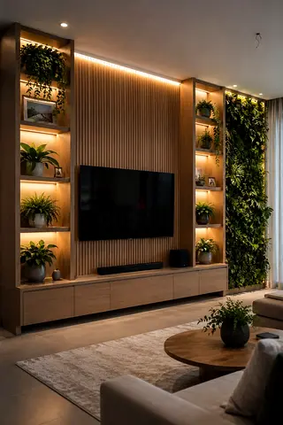 Modern wooden entertainment wall unit with integrated shelving and planter