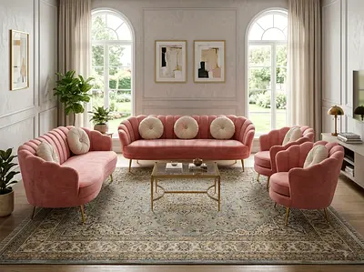 Elegant Pink Velvet Living Room Sofa Set - 3+2+2 Chairs