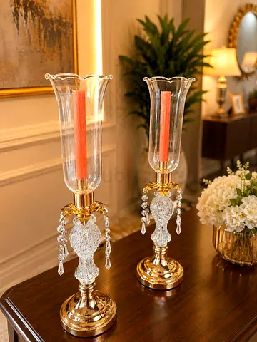 Pair of Gold Crystal Candle Holders with Glass Shades