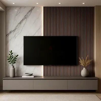 Modern wood slat TV entertainment unit with