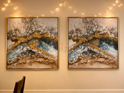 Pair of Abstract Framed Wall Paintings with Gold Accents