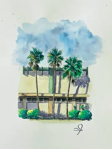 Original Watercolor Painting of Palm Trees and Building A4