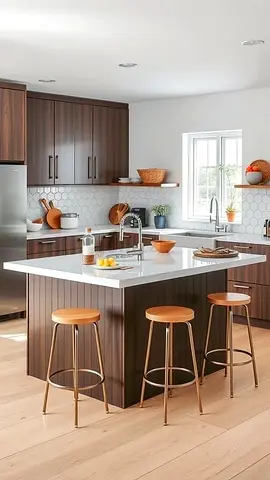 Modern kitchen island with seating — dark wood cabinets & white quartz top
