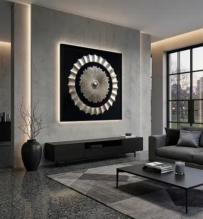 Large Silver Sun Wall Art | Bronze in wooden frame – 120 x 120 cm