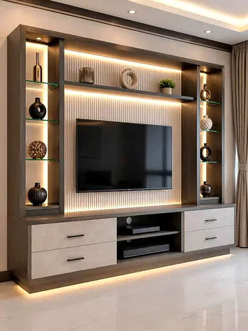 Brand New Custom-Made Modern TV Wall Unit / Entertainment Center with LED Lighting