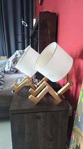 Pair of Wooden Zig-Zag Table Lamps with White Shades