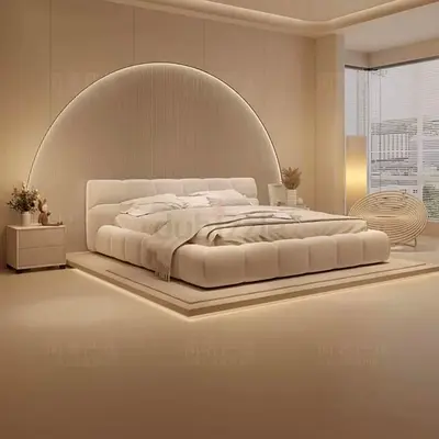 Modern Low Platform King Bed with Padded Headboard and Nightstands
