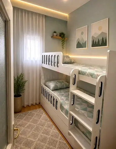 White Wooden Bunk Bed with Built-in Ladder - Good Condition