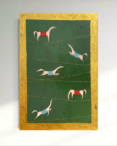 Hand-painted Folk Art Horse Panel on Green Background