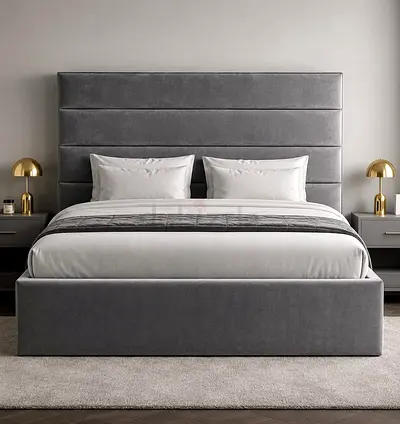 Brand New Grey Upholstered queen Size Bed with Padded Headboard