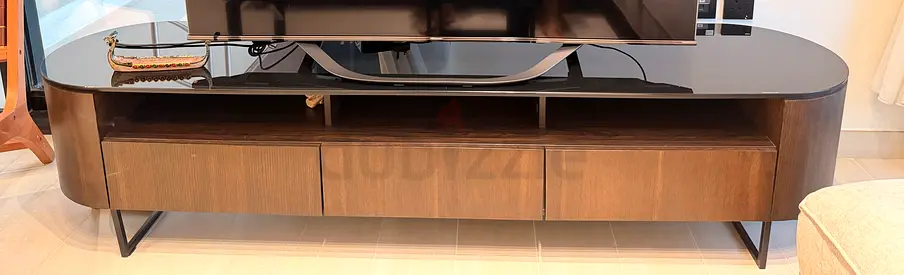 Modern Wooden TV Unit with Glass Top and Storage