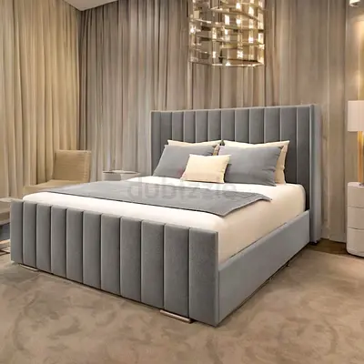 Grey Upholstered King Bed with Tall Channel-Tufted Headboard