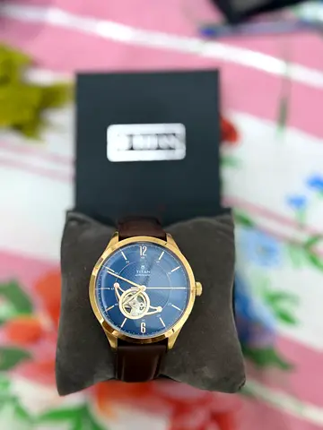 Titan Automatic Watch for Men with Blue Dial and Brown Leather Strap