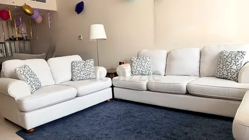 Home Centre 3+2+1 Sofa Set | Cream Fabric | Excellent Condition