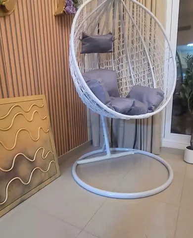 White Wicker Egg Hanging Chair with Stand and Cushions