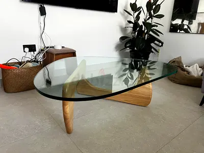 Ebarza Glass Top Coffee Table with Wooden Sculpted Base - Modern/Noguchi Style