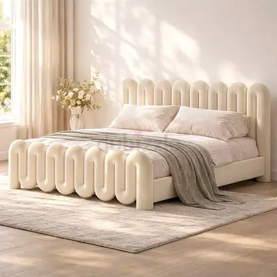 Modern Curved Upholstered Queen Bed – Cream Velvet
