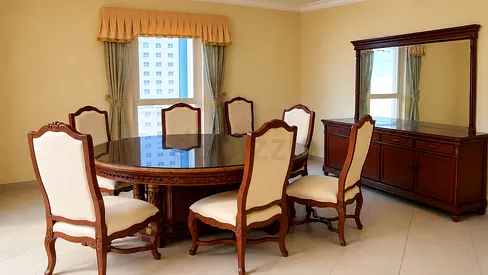 Solid Wood Round Dining Table with 8 Upholstered royal Chairs and Sideboard