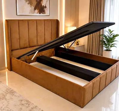 Hydraulic Storage Ottoman Bed with Velvet Upholstery - Queen Size