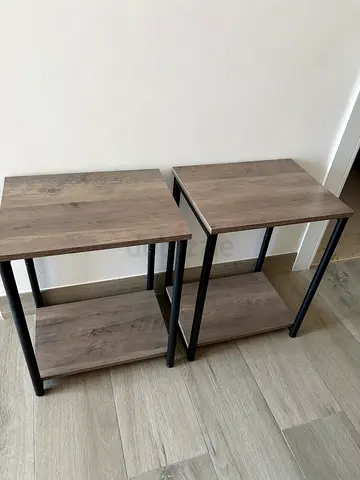 2x 2-Tier Side Tables with Wood Top and Black Metal Legs