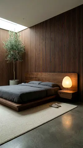 Modern low-profile wooden platform bed with matching nightstand