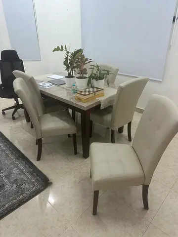 Wooden and true marble Dining Table with 4 Cream Upholstered Chairs